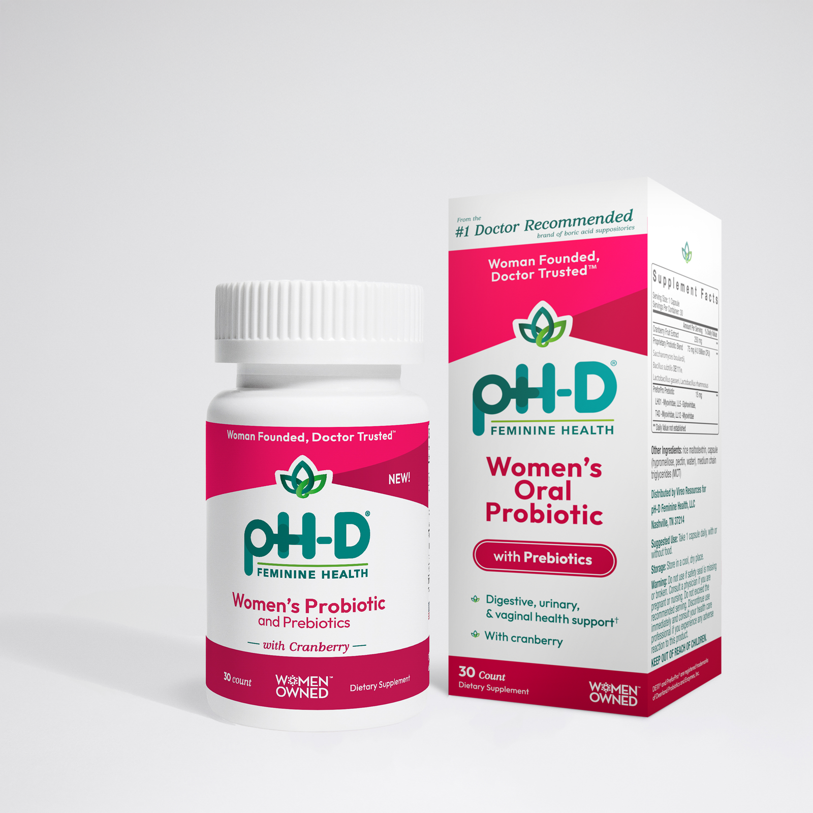 pH-D Feminine Health Probiotics & Prebiotics packaging on a plain grey background.