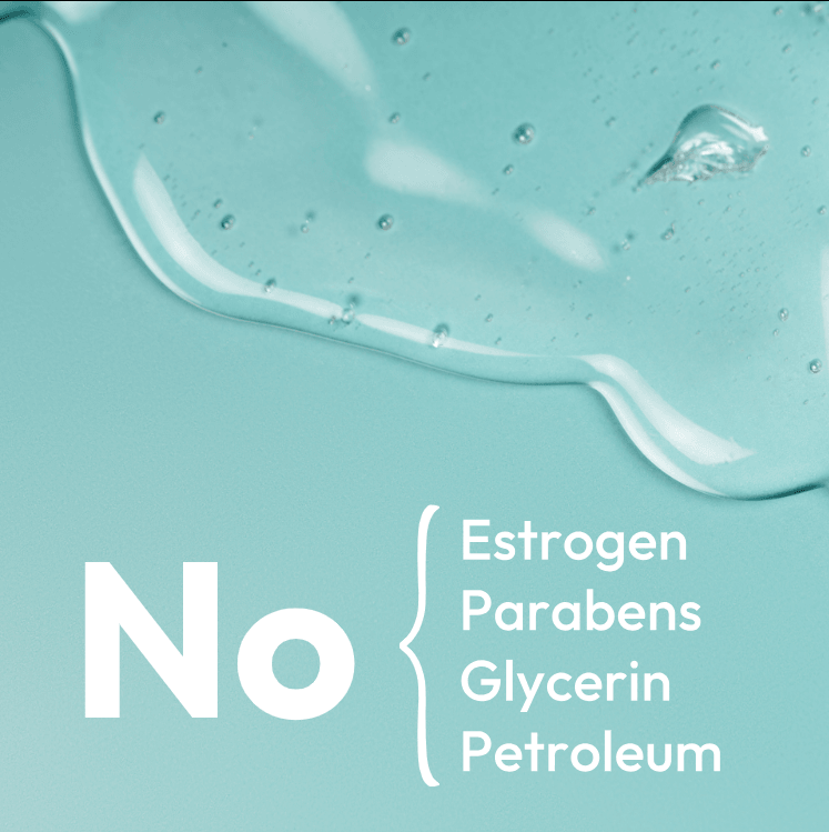 A close-up of clear blue gel texture on a turquoise background. Bold text reads 'No,' followed by a list of exclusions: 'Estrogen, Parabens, Glycerin, Petroleum,' emphasizing the absence of these ingredients