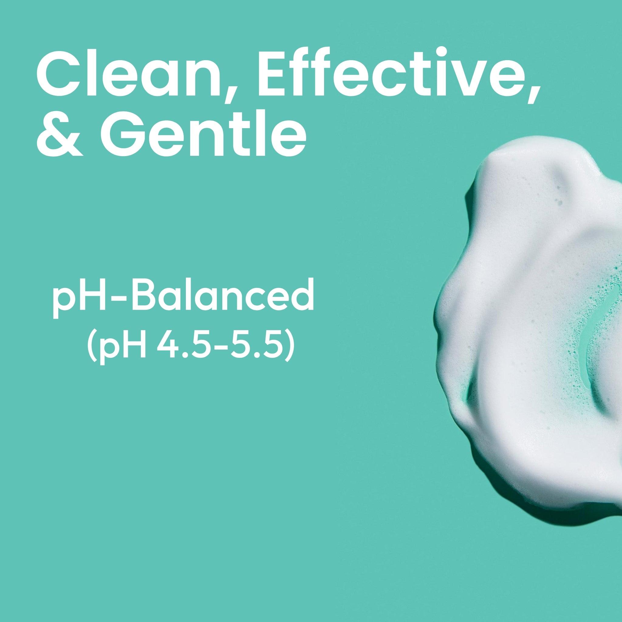 pH balanced vaginal foam wash for women pumped onto a teal background.