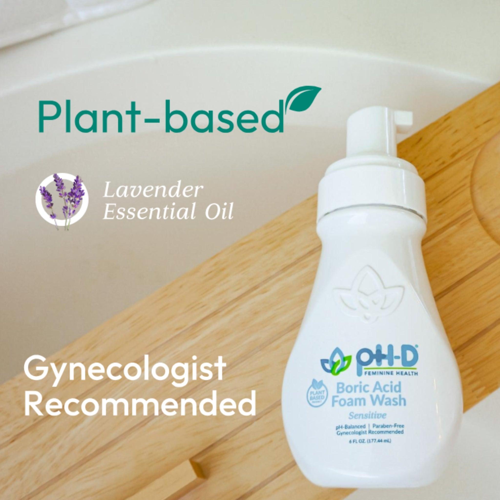 pH-D Boric Acid Foam Wash with Lavender Essential Oil displayed on a wooden counter, highlighting plant-based and gynecologist-recommended features.