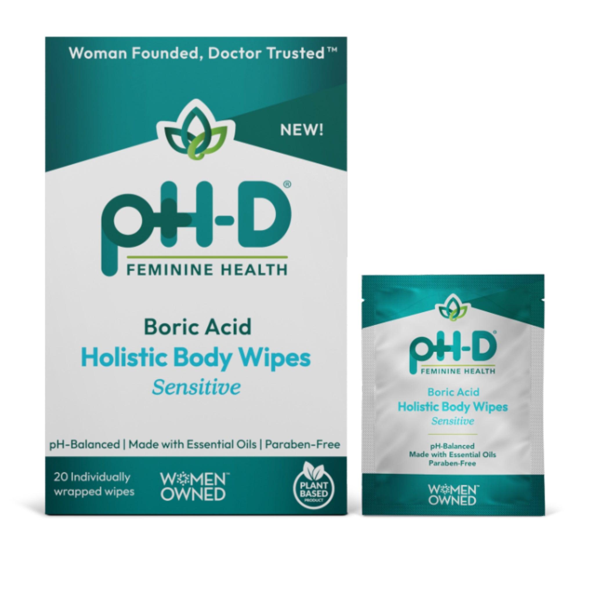 pH-D Boric Acid Holistic Body Wipes for Sensitive Skin, featuring packaging with Women-Owned and Plant-Based logos, highlighting pH-balanced, essential oils, and paraben-free benefits