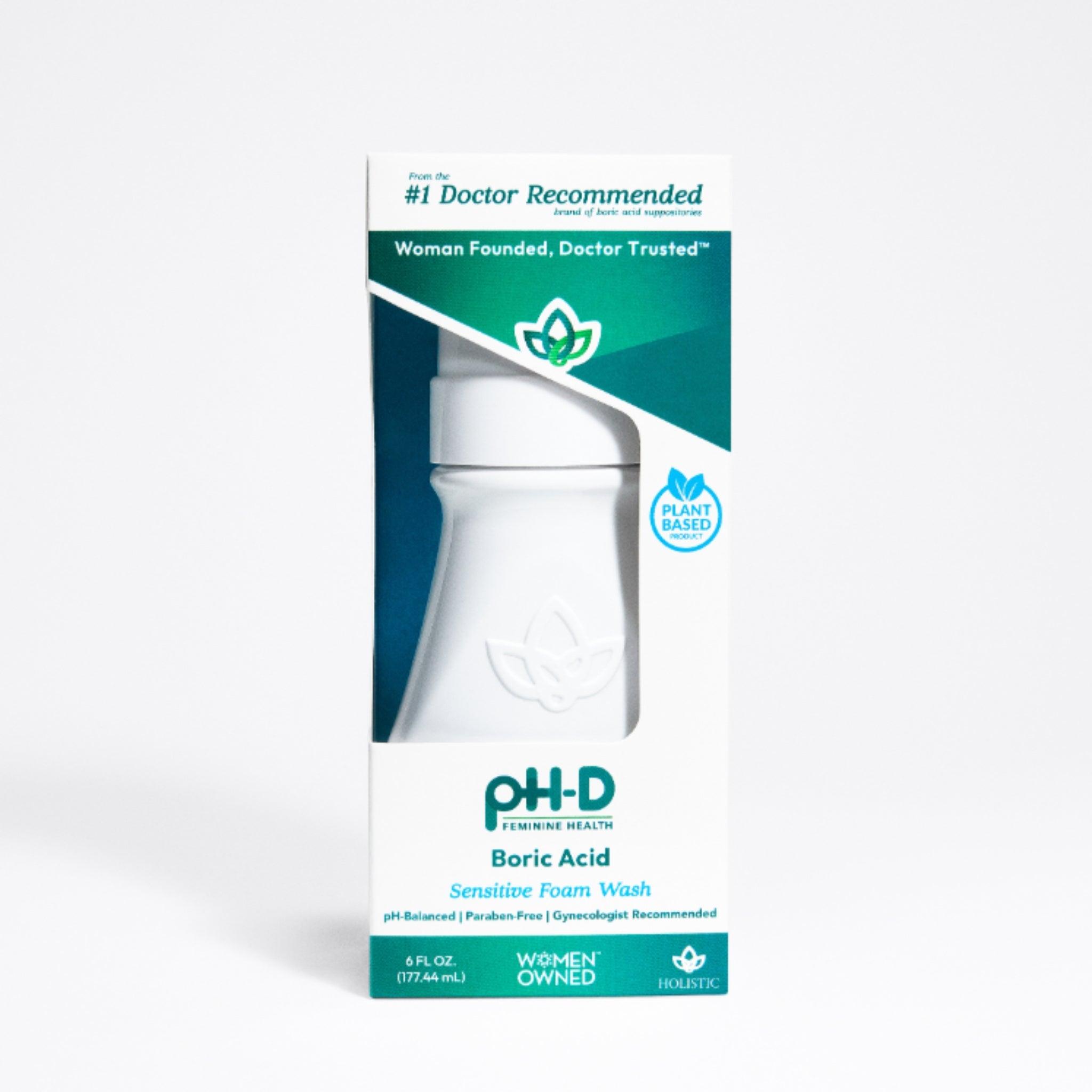 pH-D Boric Acid Sensitive Foam Wash packaging, highlighting plant-based, paraben-free, gynecologist-recommended, and Women-Owned features