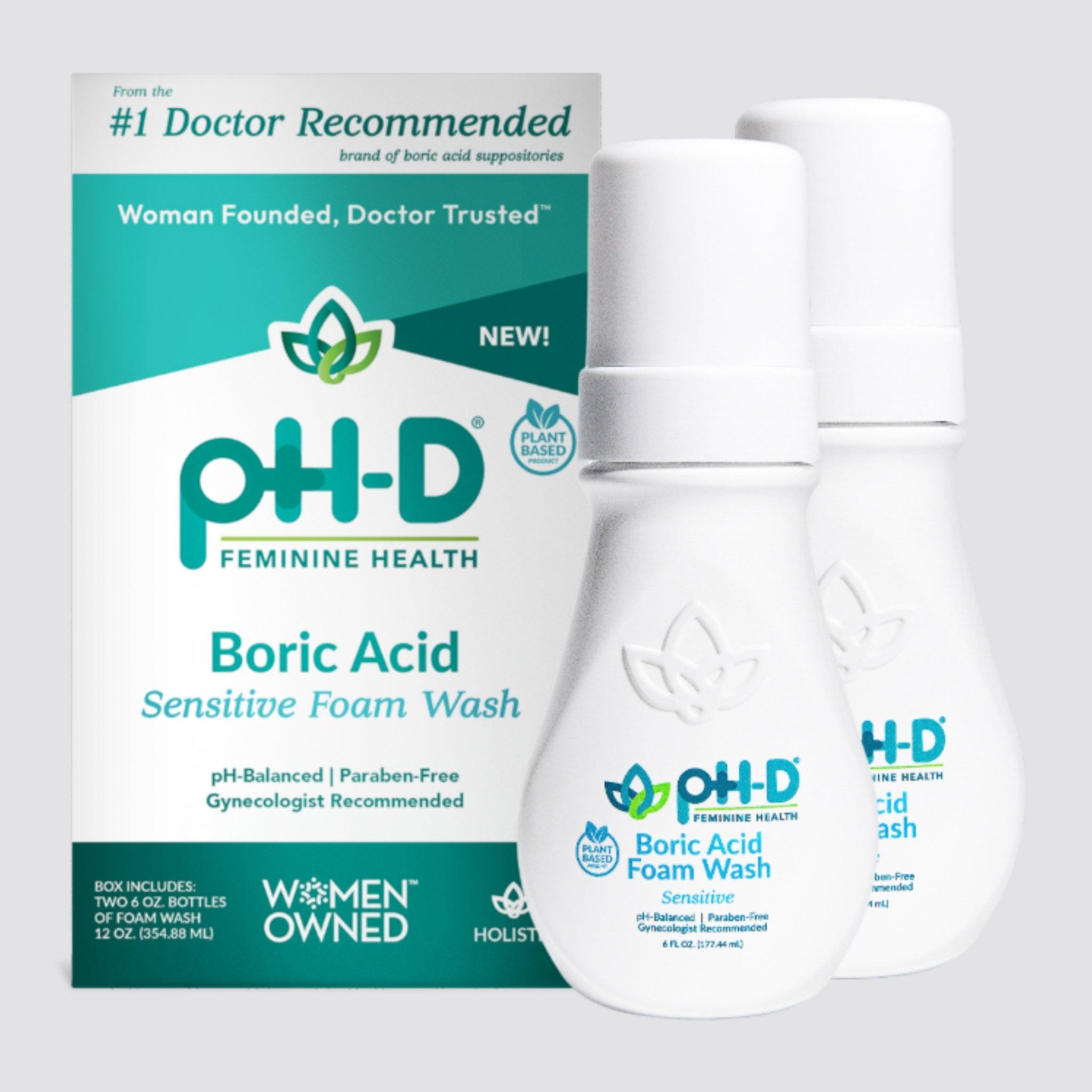 pH-D Boric Acid Sensitive Foam Wash packaging featuring two 6 oz bottles, highlighting pH-balanced, paraben-free, gynecologist-recommended, and Women-Owned branding.