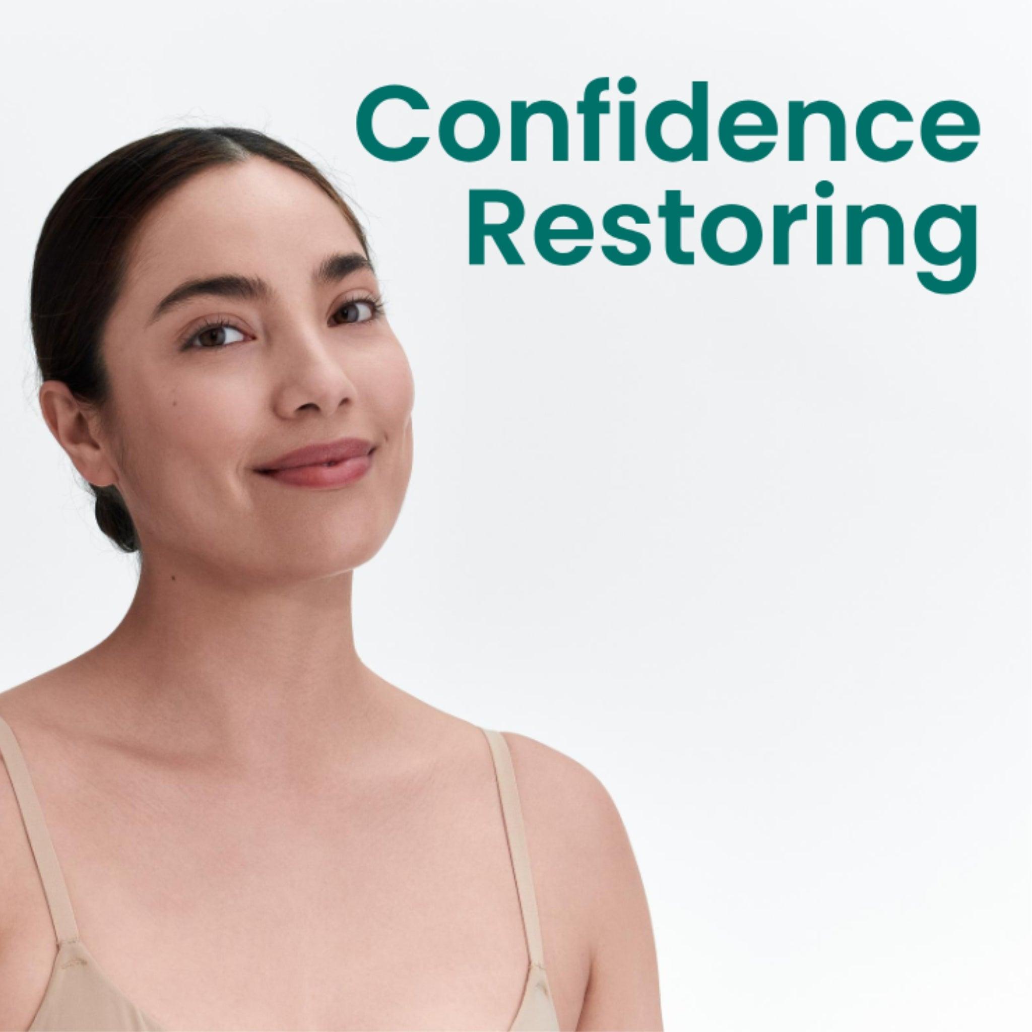 Smiling woman with text 'Confidence Restoring,' representing the empowering benefits of pH-D Feminine Health products.