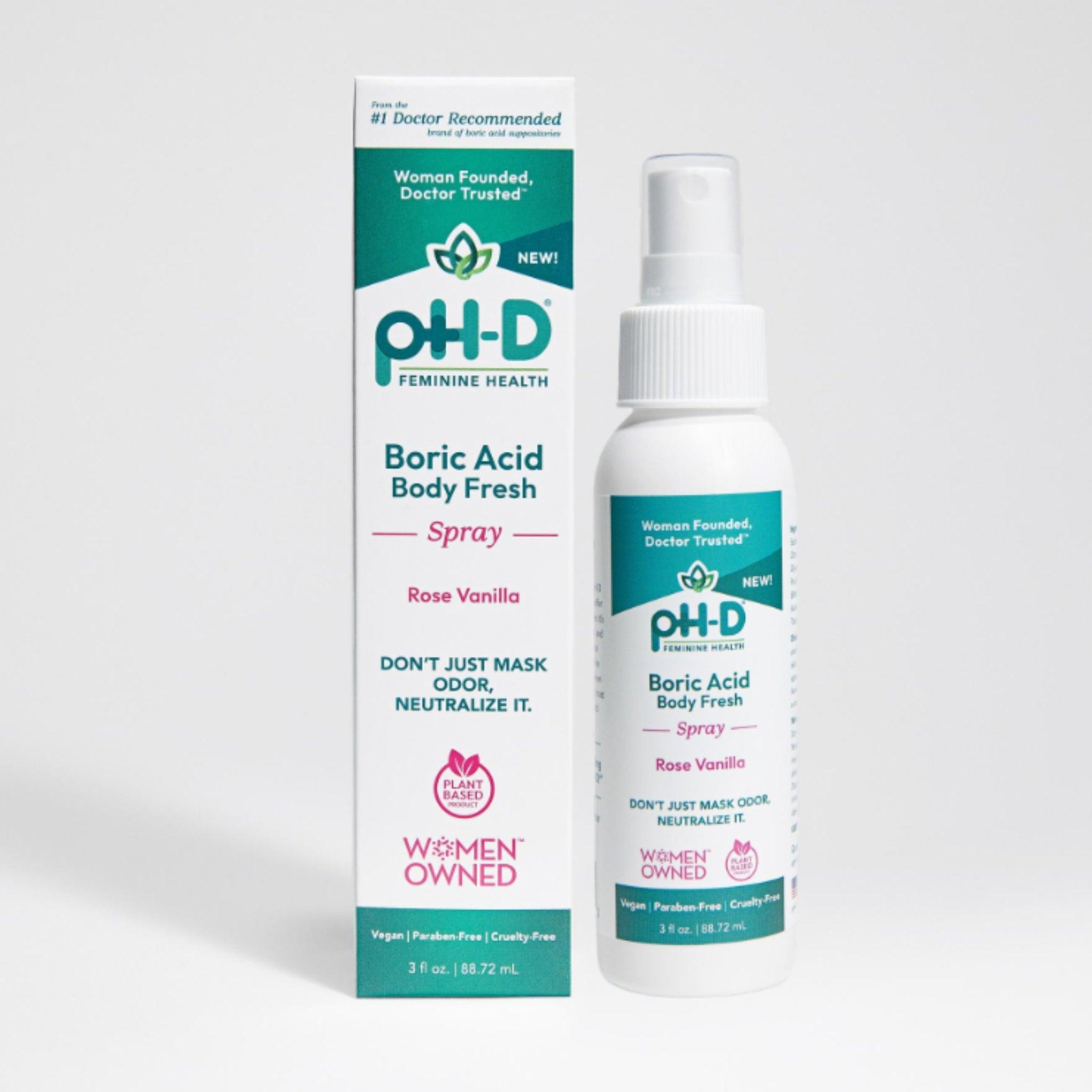 pH-D Boric Acid Body Fresh Spray in Rose Vanilla scent, featuring packaging with a Women-Owned logo and plant-based, vegan, paraben-free, cruelty-free benefits