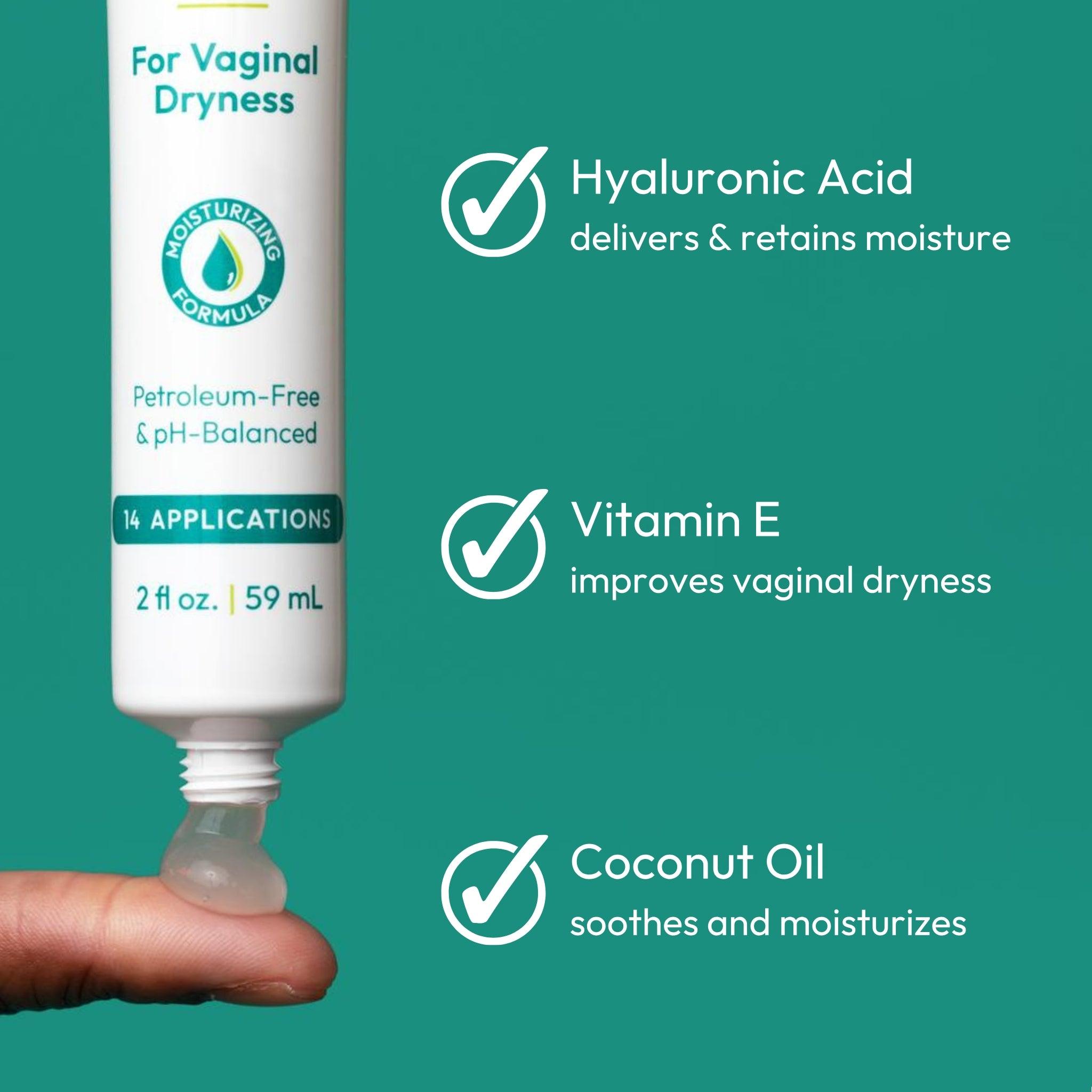 A woman squeezing Vaginal Moisturizing Gel onto her finger with key ingredients on a teal background. 