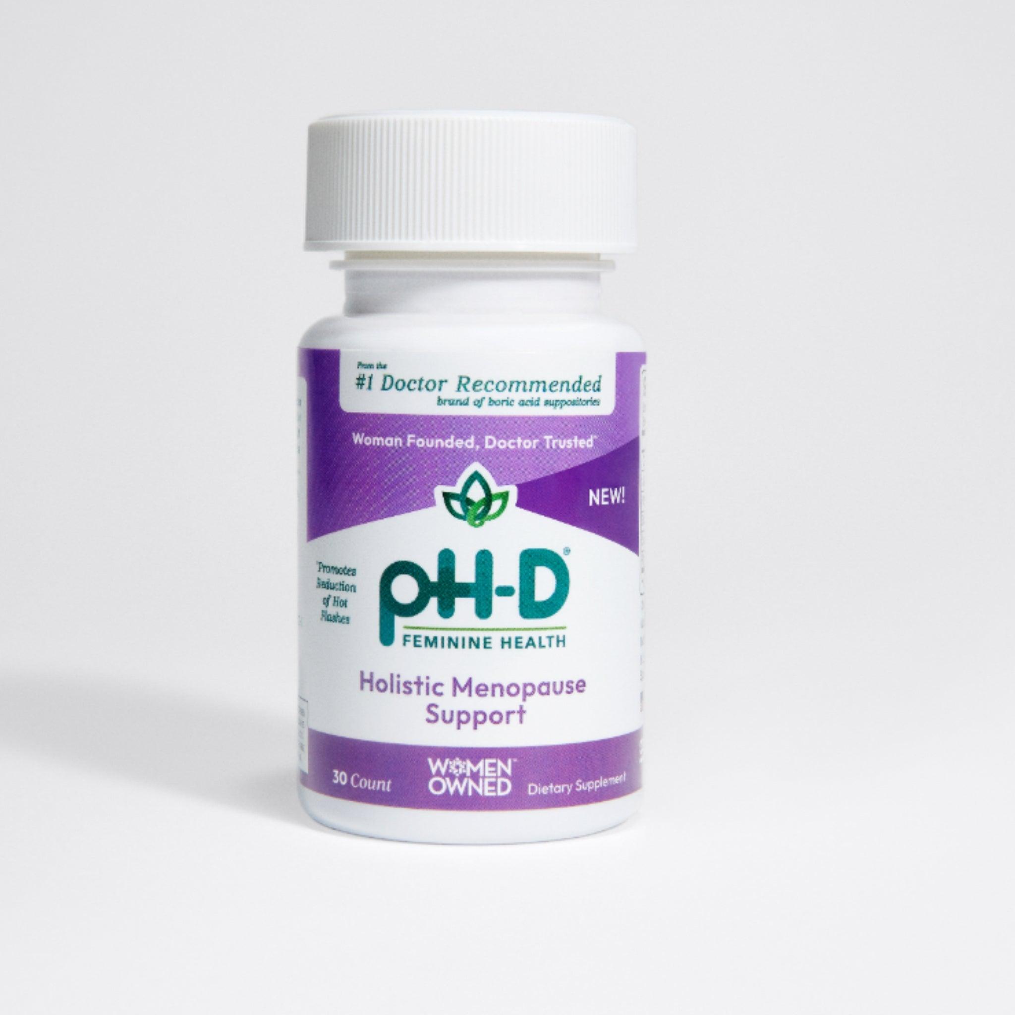 pH-D Holistic Menopause Support bottle, 30 count, highlighting Women-Owned branding and promoting reduction of menopause symptoms such as hot flashes.