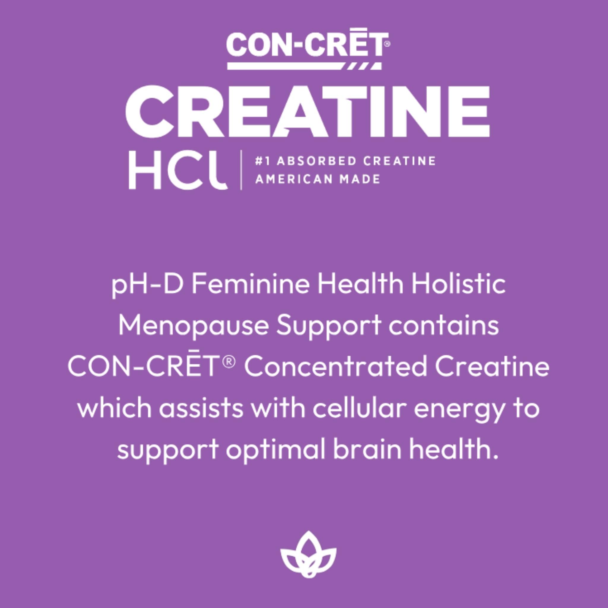 Graphic highlighting CON-CRĒT® Creatine HCl in pH-D Holistic Menopause Support, emphasizing its role in cellular energy and brain health support.