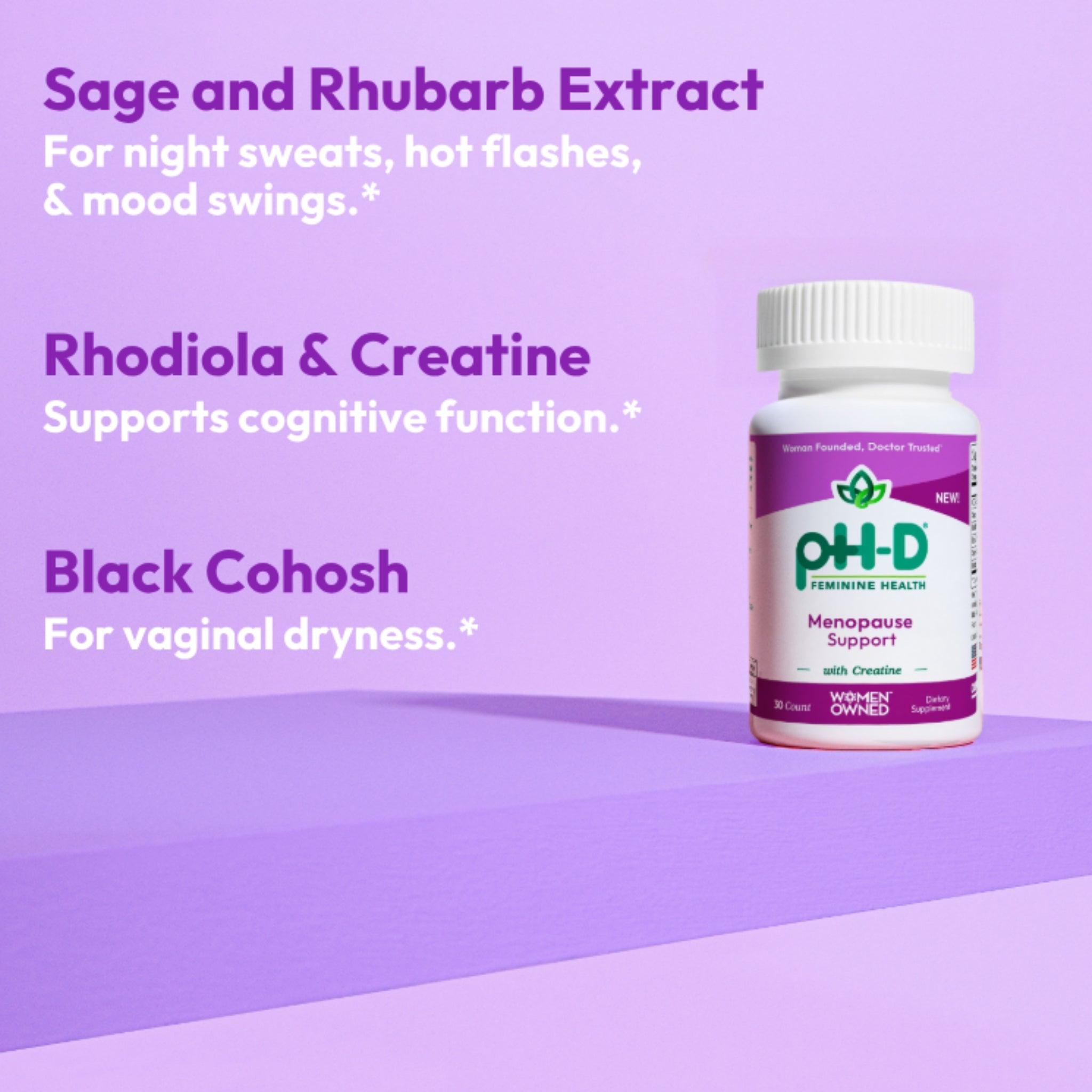 pH-D Menopause Support bottle displayed with key ingredients: Sage and Rhubarb Extract for hot flashes and mood swings, Rhodiola and Creatine for cognitive function, and Black Cohosh for vaginal dryness.