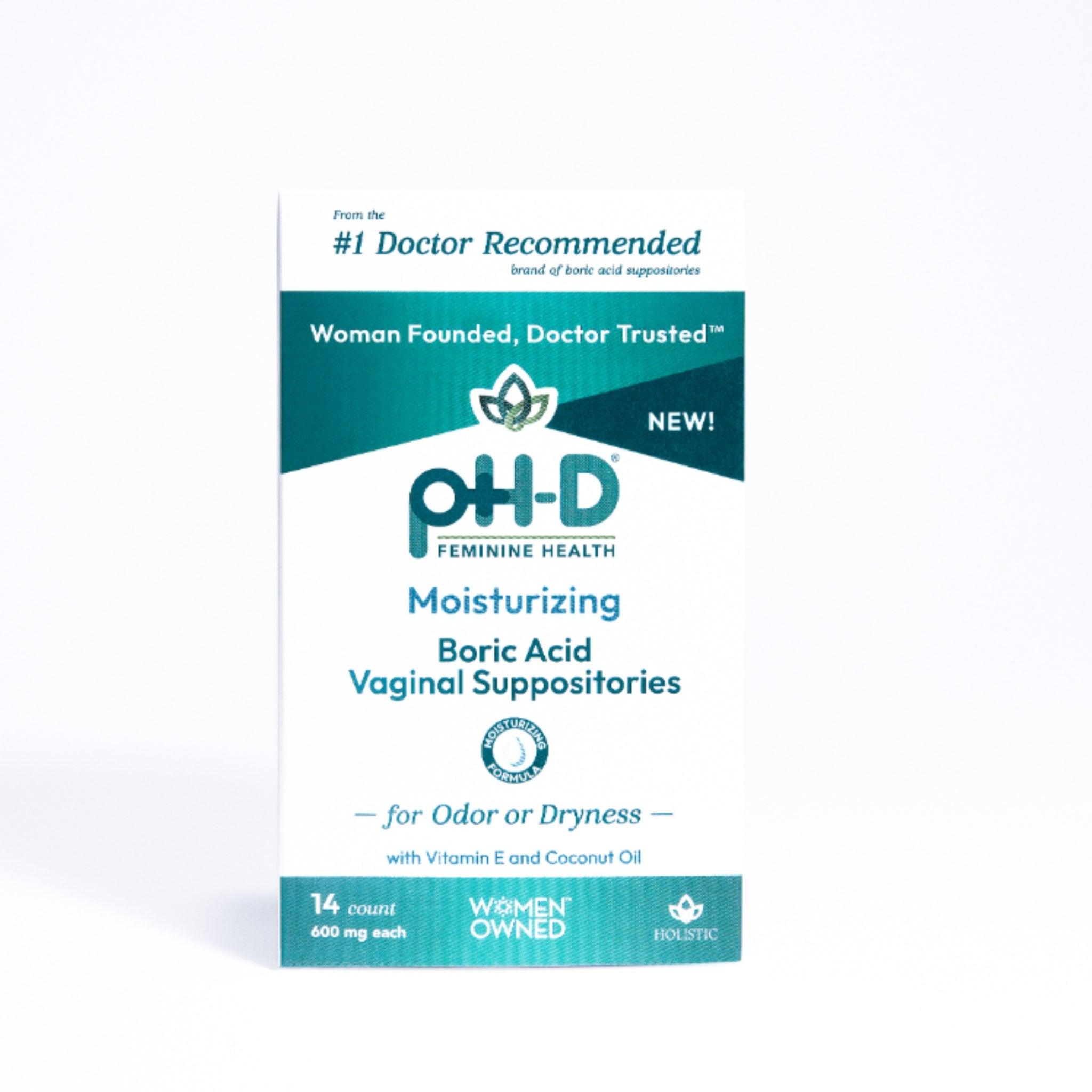 pH-D Moisturizing Boric Acid Vaginal Suppositories 14-count packaging, featuring Vitamin E, Coconut Oil, and Women-Owned branding for odor or dryness relief.