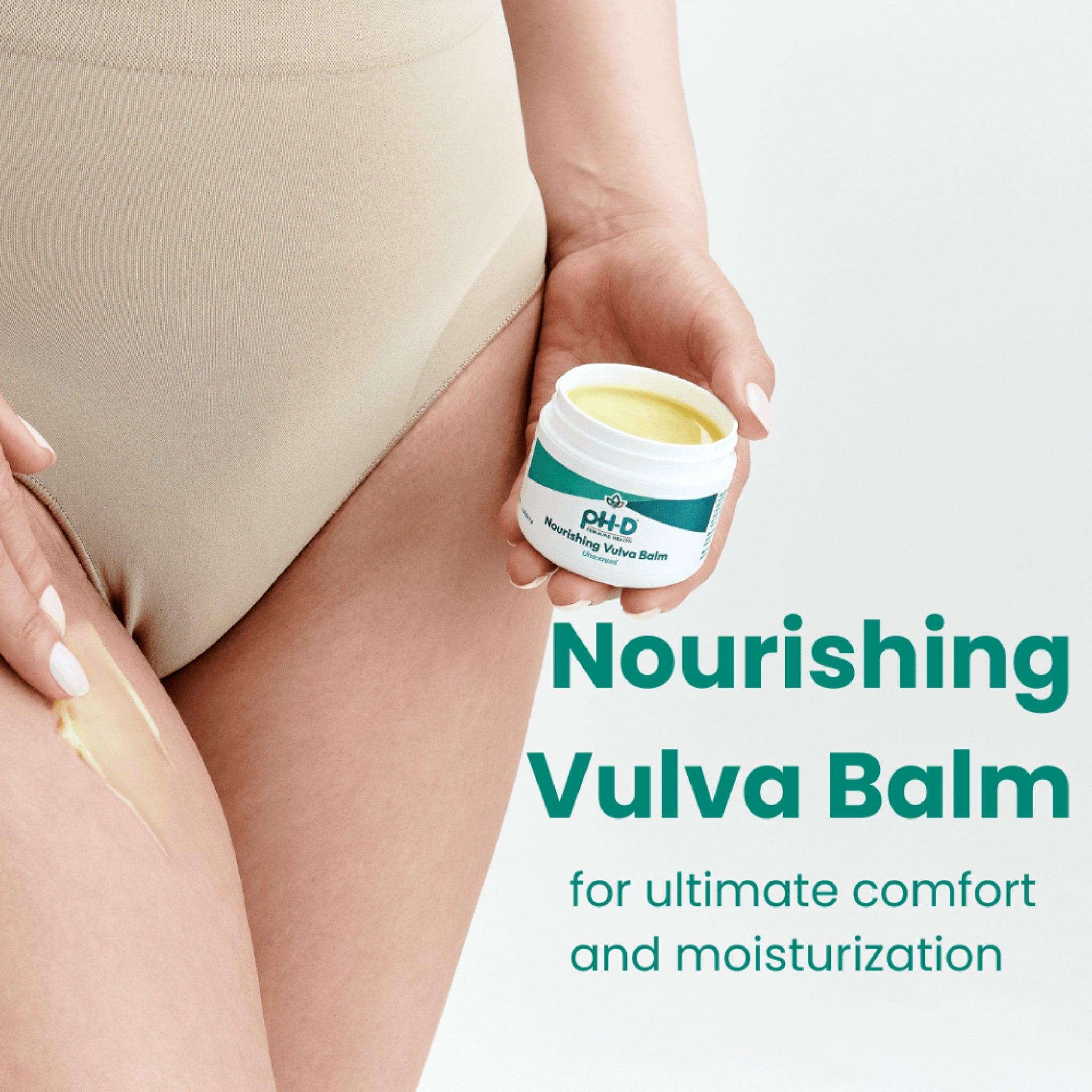 pH-D Nourishing Vulva Balm being applied to the skin, with text highlighting its benefits for ultimate comfort and moisturization