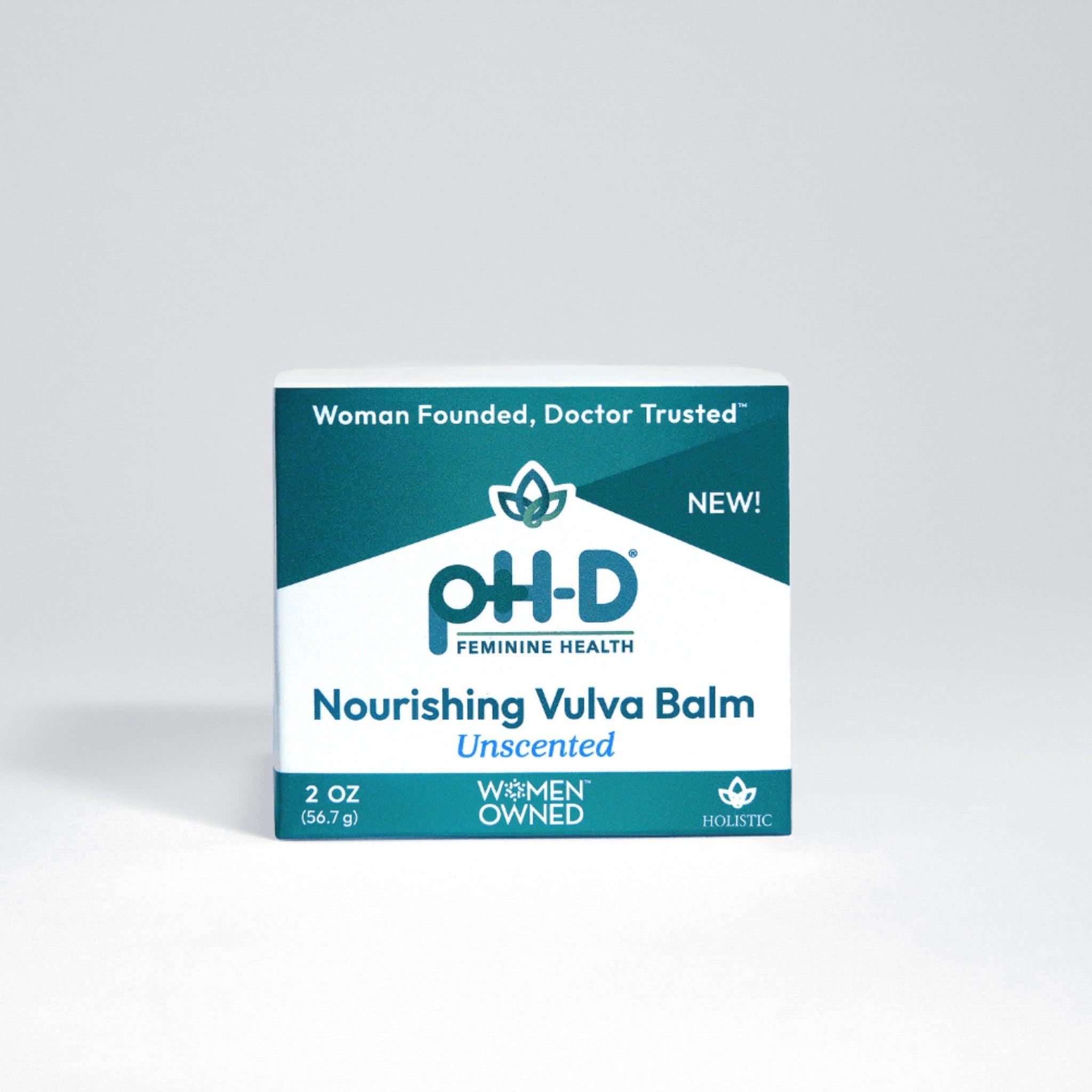 pH-D Nourishing Vulva Balm Unscented packaging, highlighting Women-Owned and holistic branding for gentle and effective feminine care.