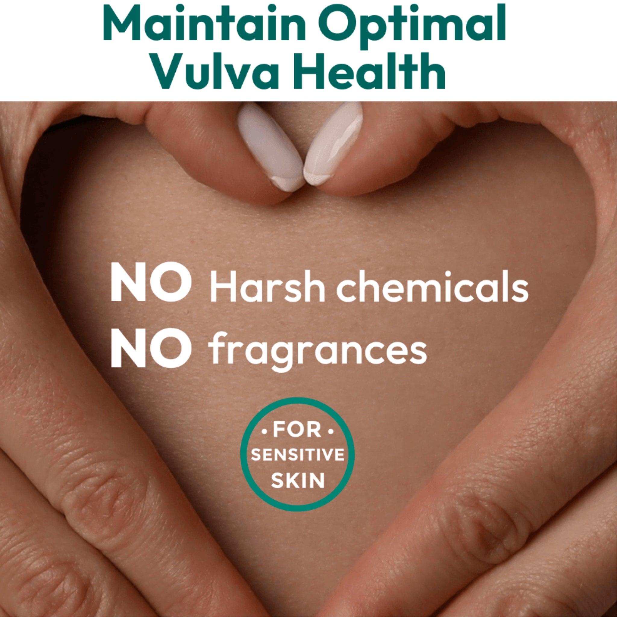 Hands forming a heart shape on skin with text promoting optimal vulva health, stating 'No harsh chemicals, no fragrances, for sensitive skin.