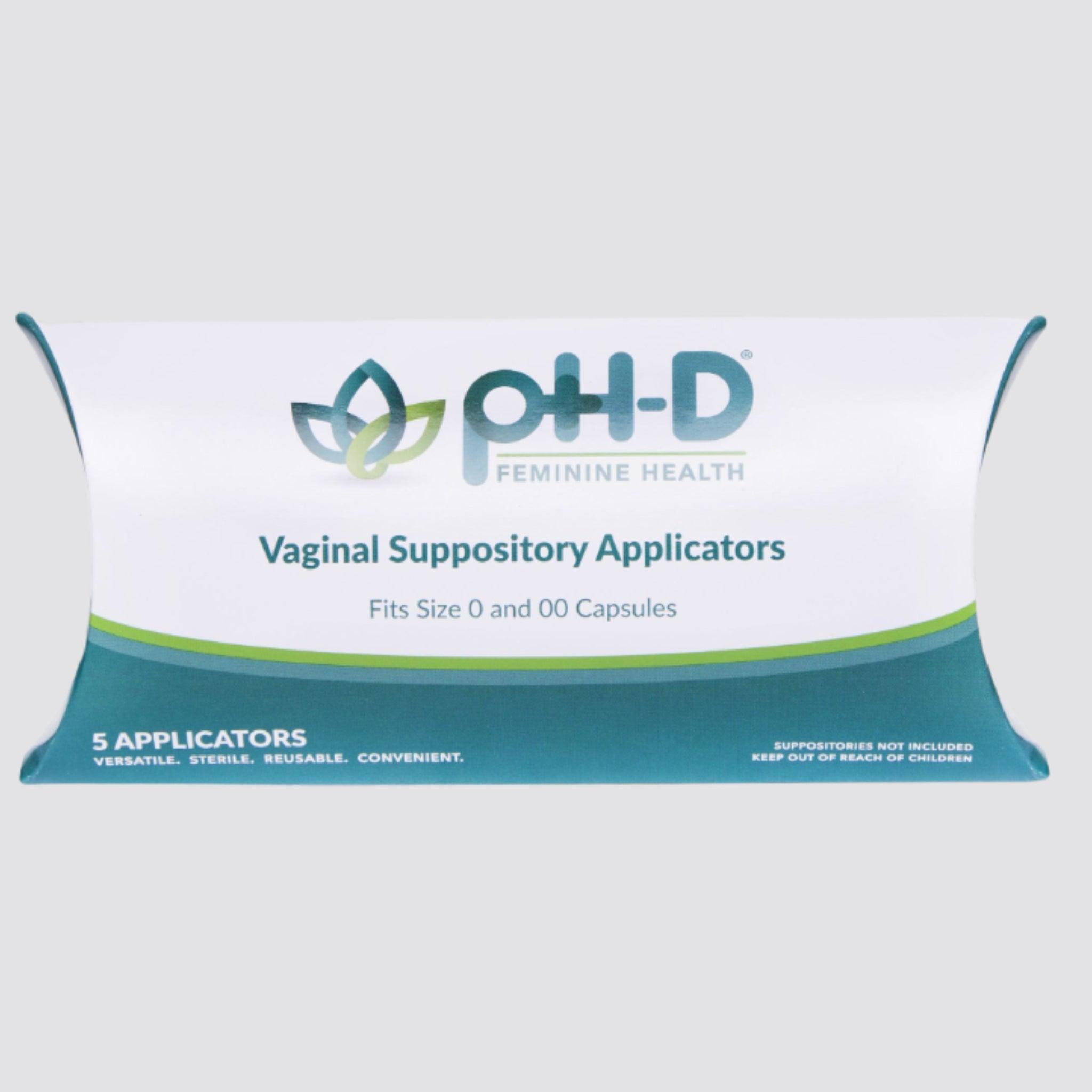 pH-D Feminine Health Vaginal Suppository Applicators package for size 0 and 00 capsules, featuring five reusable, versatile, and sterile applicators.