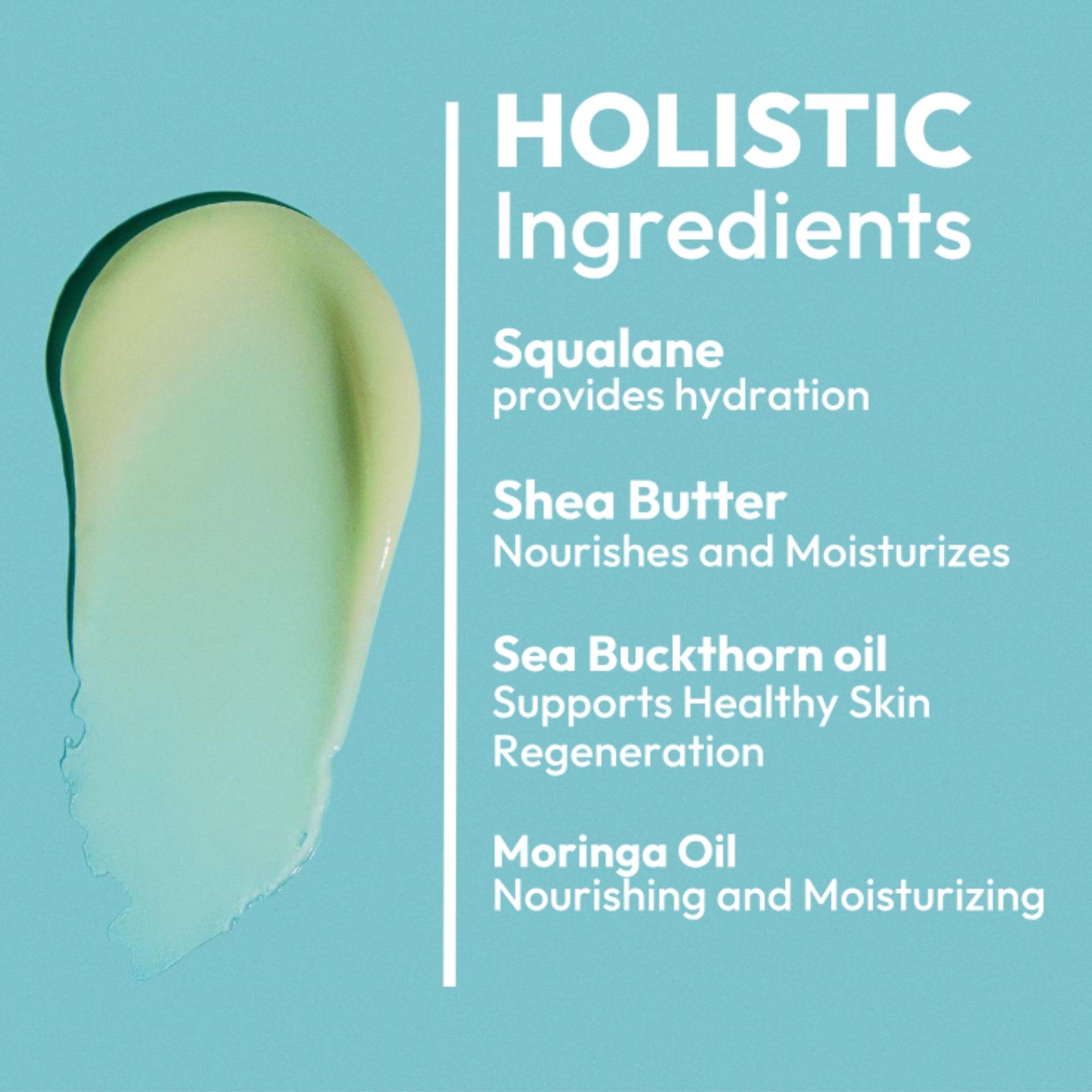 Key holistic ingredients in pH-D Nourishing Vulva Balm: Squalane for hydration, Shea Butter for nourishment and moisturization, Sea Buckthorn Oil for skin regeneration, and Moringa Oil for additional moisturizing benefits