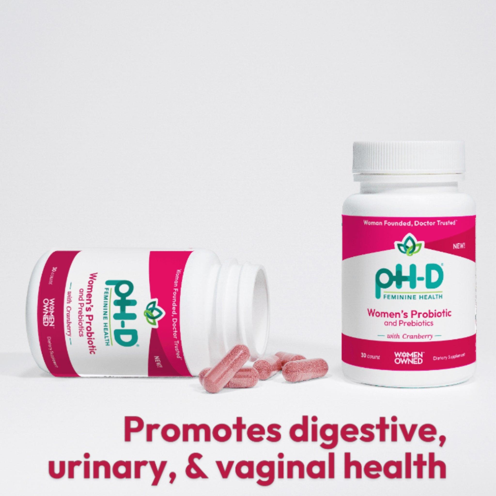 pH-D Feminine Health Women's Probiotic and Prebiotics with Cranberry, featuring an open bottle with capsules spilling out and a closed bottle standing upright, accompanied by the text 'Promotes digestive, urinary, & vaginal health' in bold red lettering on a white background.